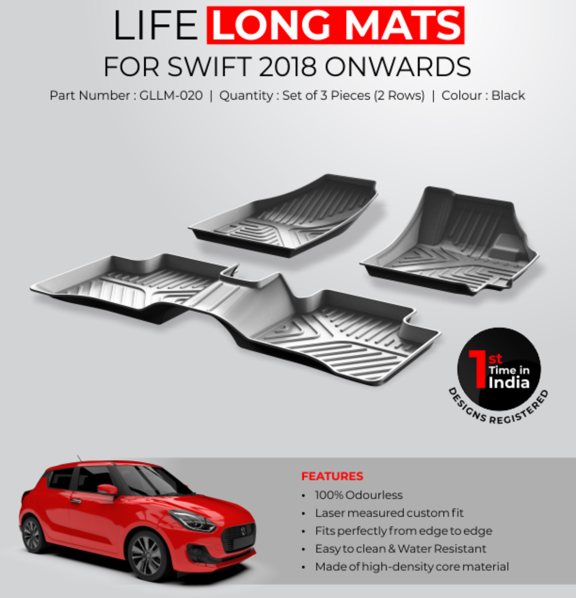 GFX Life Long Car Floor Mats for Maruti Suzuki Swift (2018 Onwards)