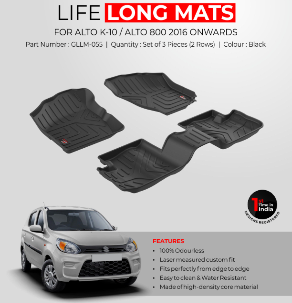GFX Life Long Car Floor Mats for Maruti Suzuki Alto K10 / Alto 800 (2016 Onwards)