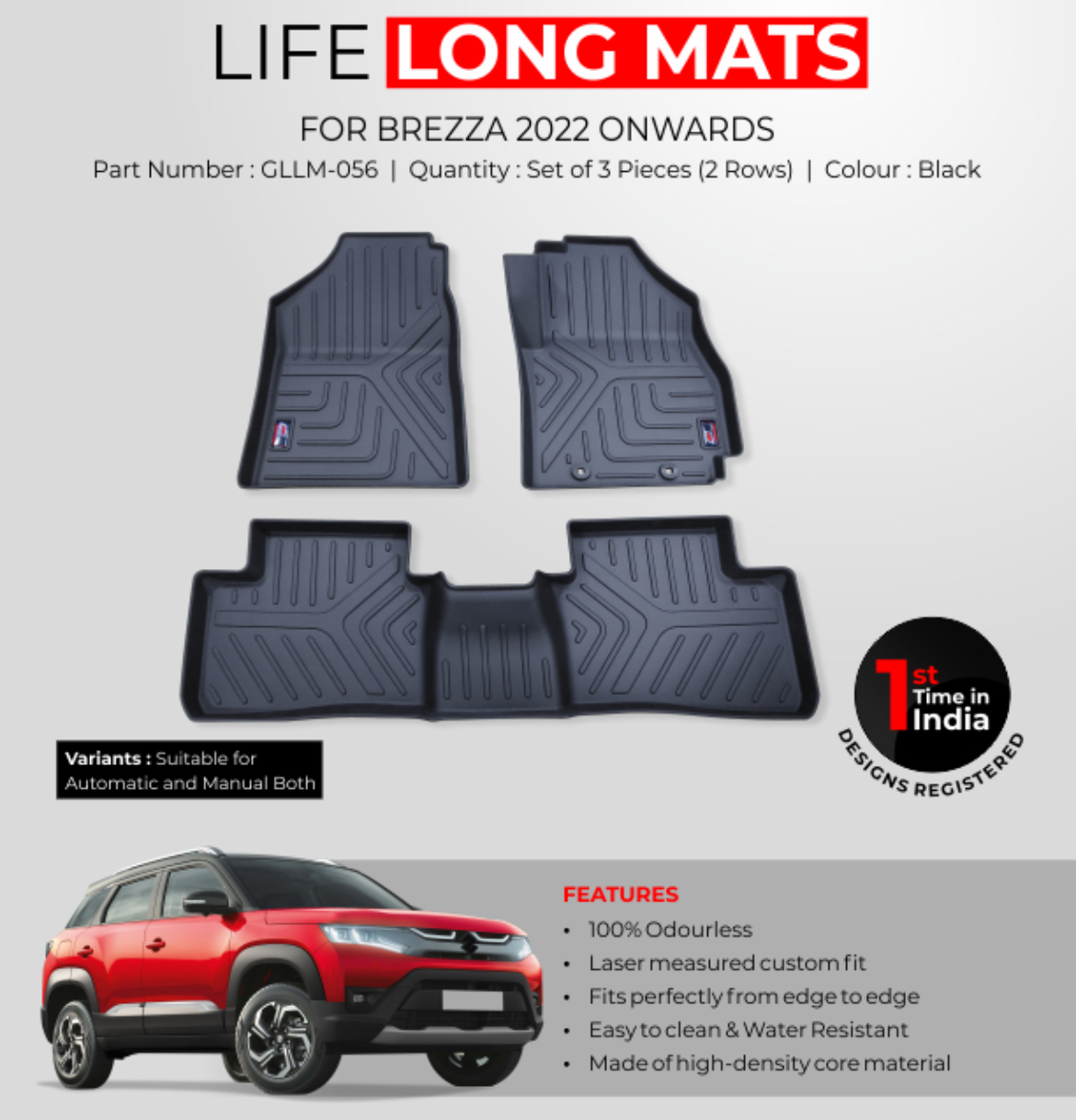GFX Life Long Car Floor Mats for Maruti Suzuki Brezza AT/MT (2022 Onwards)