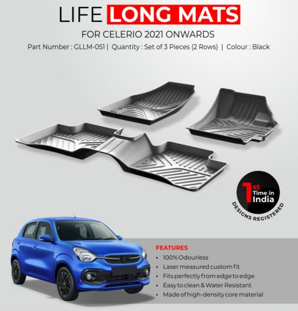 GFX Life Long Car Floor Mats for Maruti Suzuki Celerio (2021 Onwards)