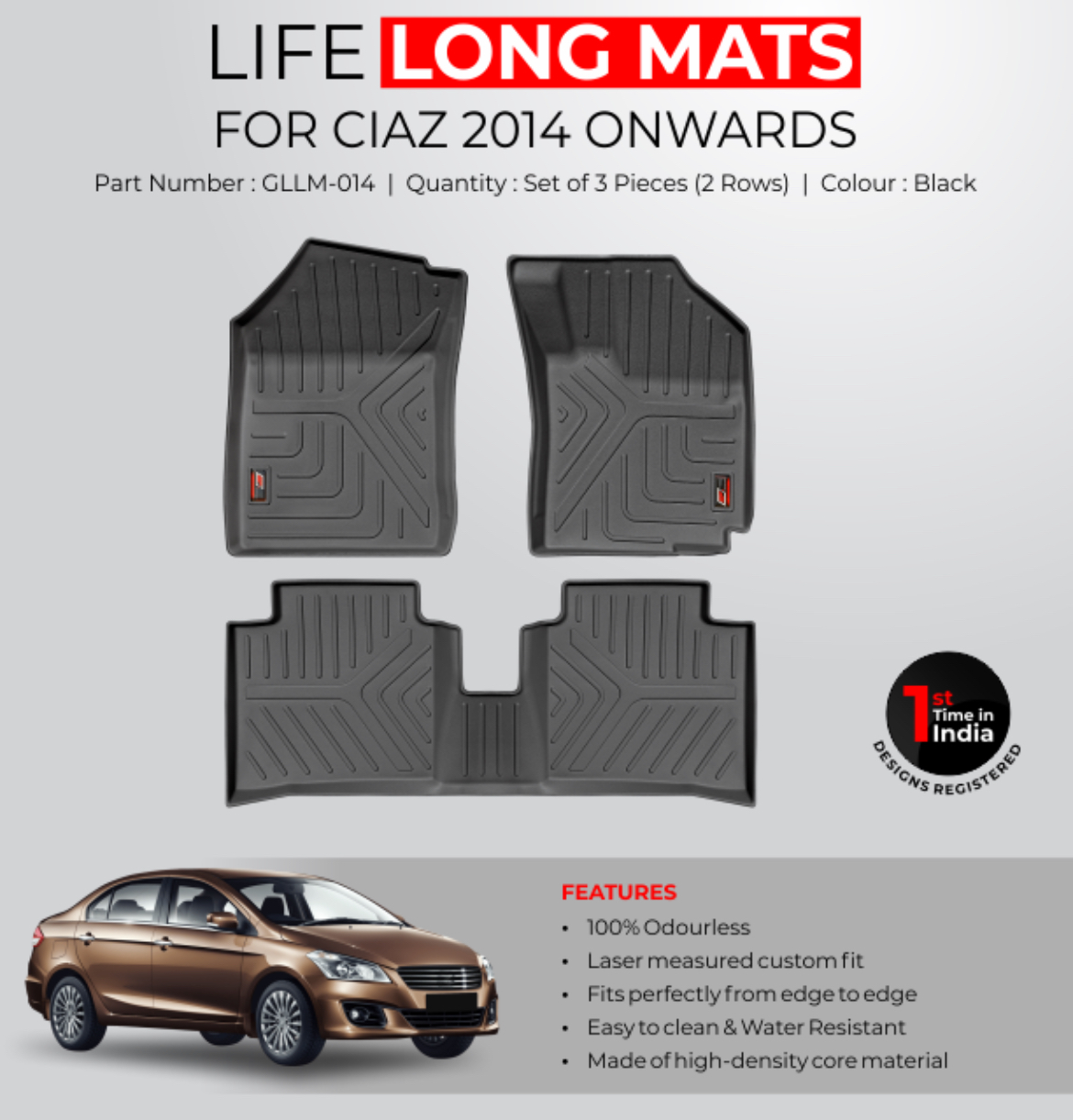 GFX Life Long Car Floor Mats for Maruti Suzuki Ciaz (2014 Onwards)
