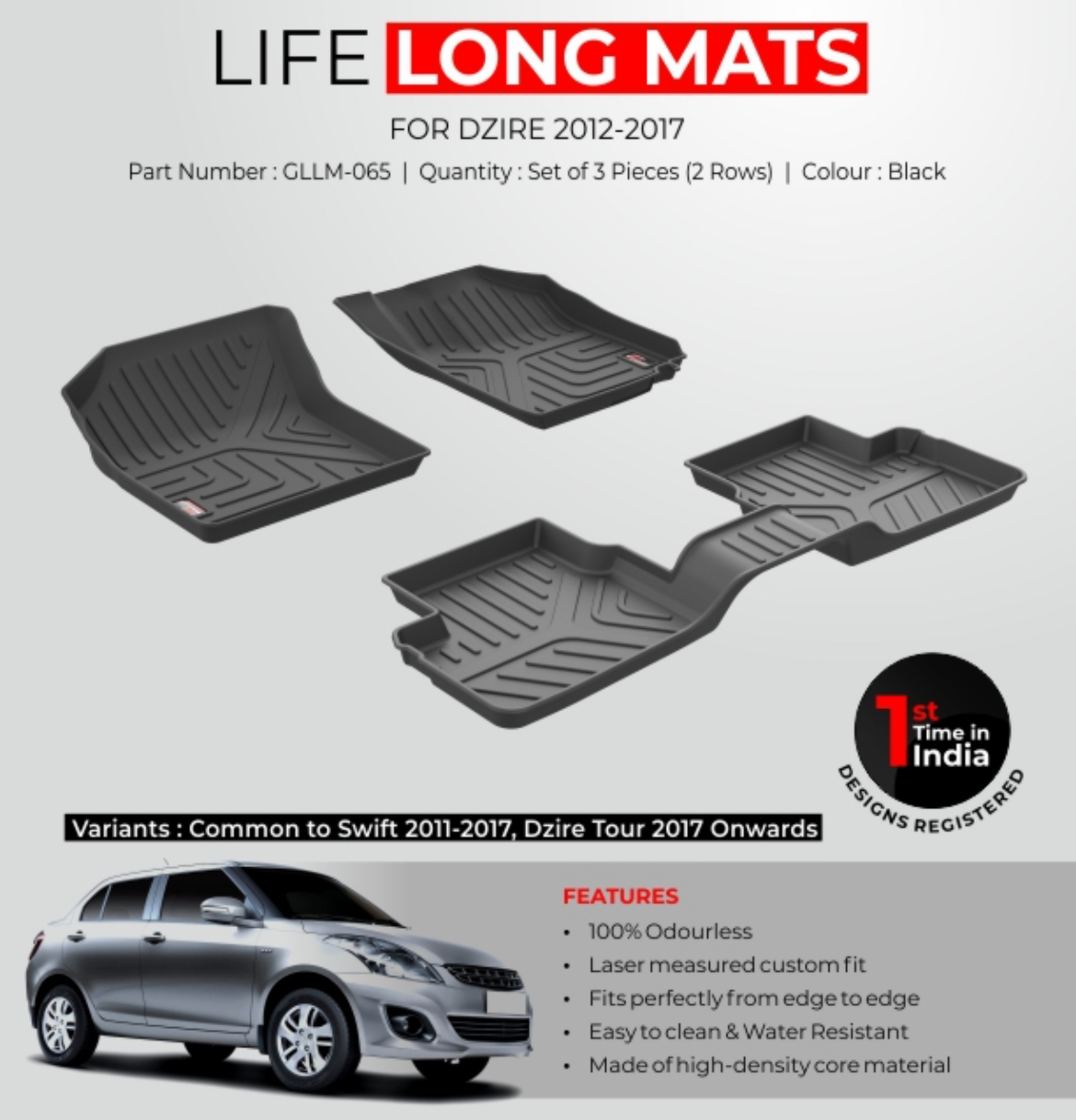 GFX Life Long Car Floor Mats for Maruti Suzuki Swift Dzire (2012–2017)