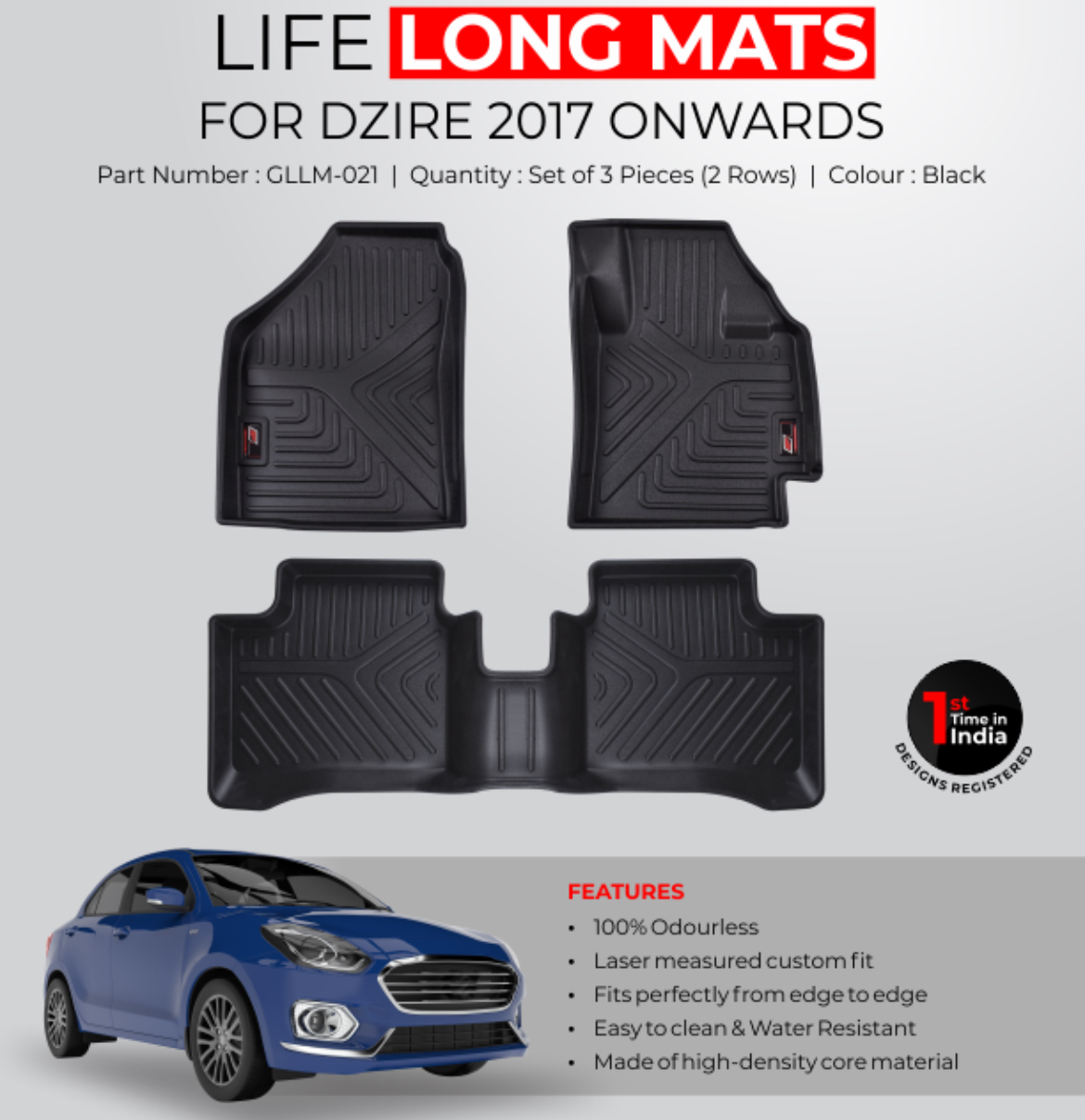 GFX Life Long Car Floor Mats for Maruti Suzuki Swift Dzire (2017 Onwards)