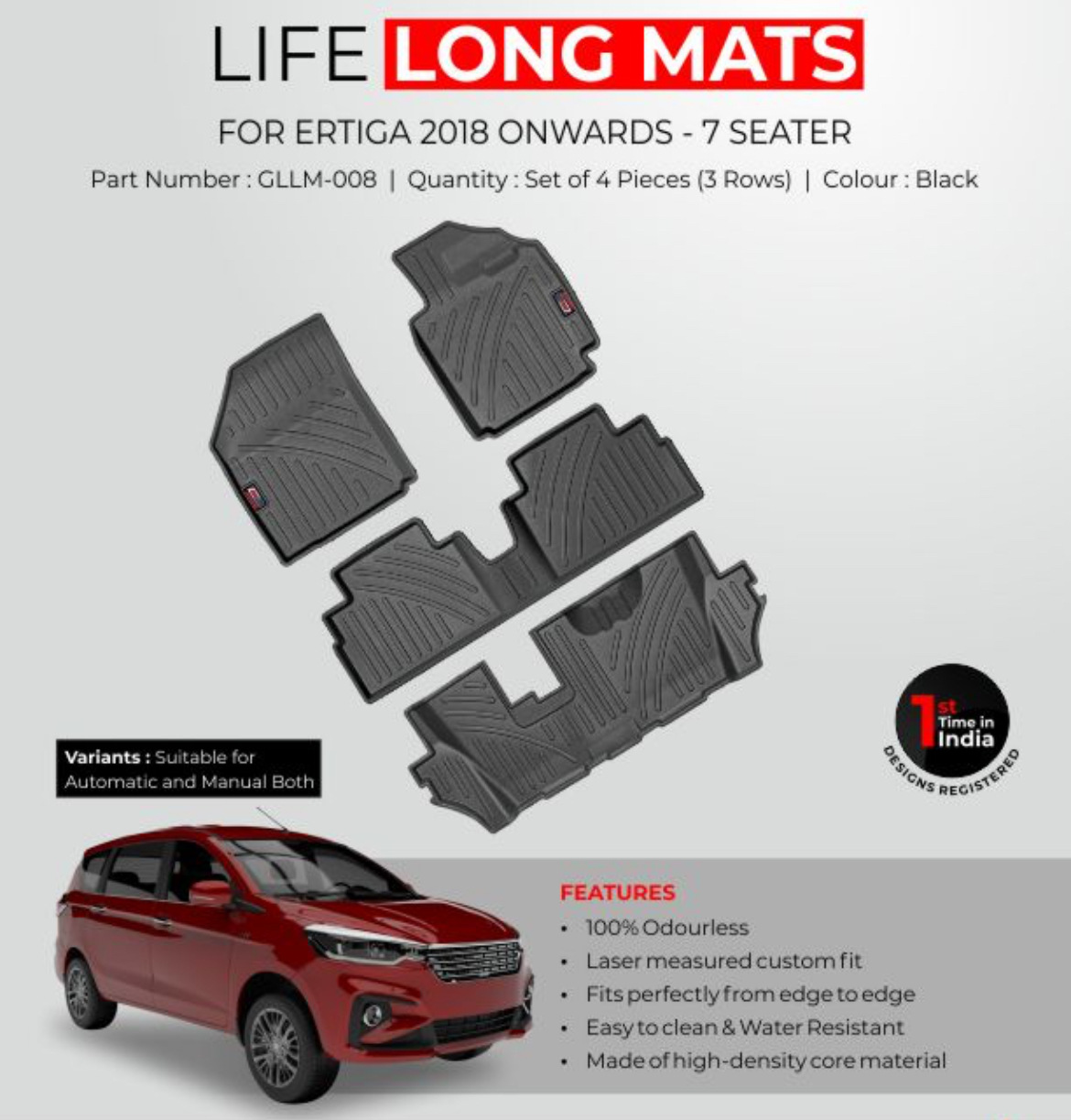 GFX Life Long Car Floor Mats for Maruti Suzuki Ertiga 7-Seater (2018 Onwards)